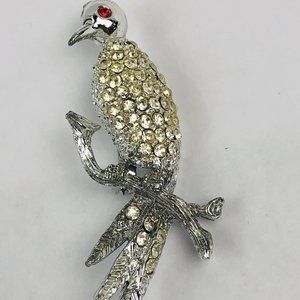 Vintage Silver Bird Brooch with Yellow Red Stones on Body and Eye Antique Metal